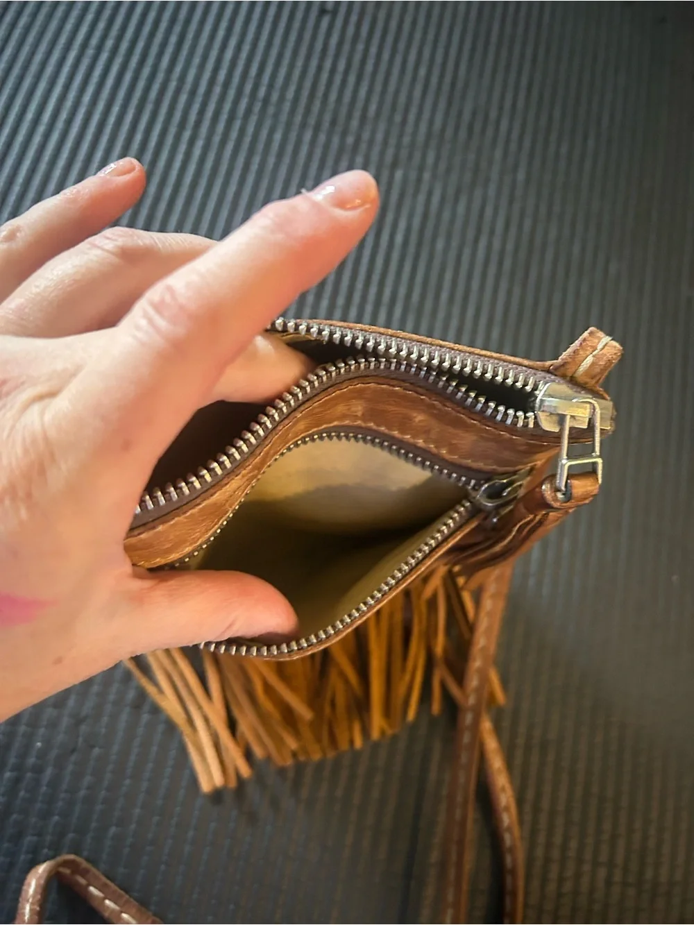 Roots, genuine leather, made in Canada Fringed Crossbody